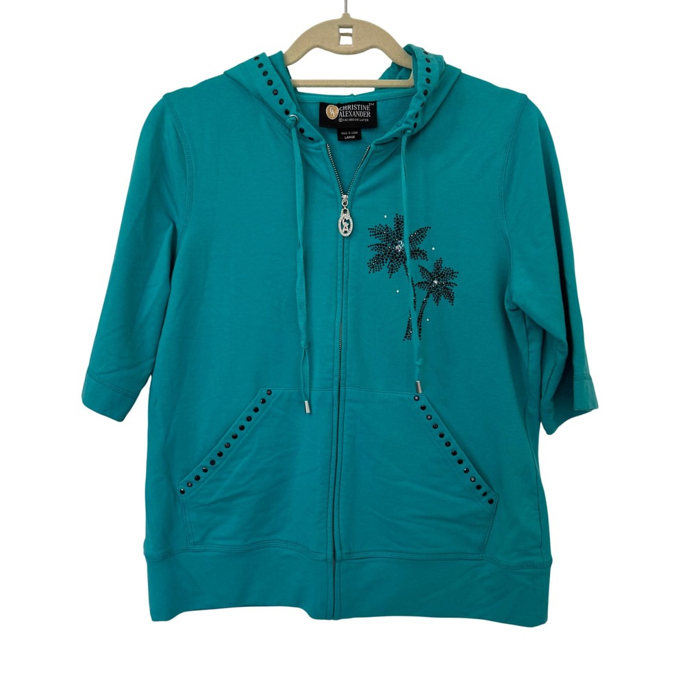 Christine Alexander Womens Large Teal Palm Tree Rhinestone 3/4 Sleeve Zip Hoodie